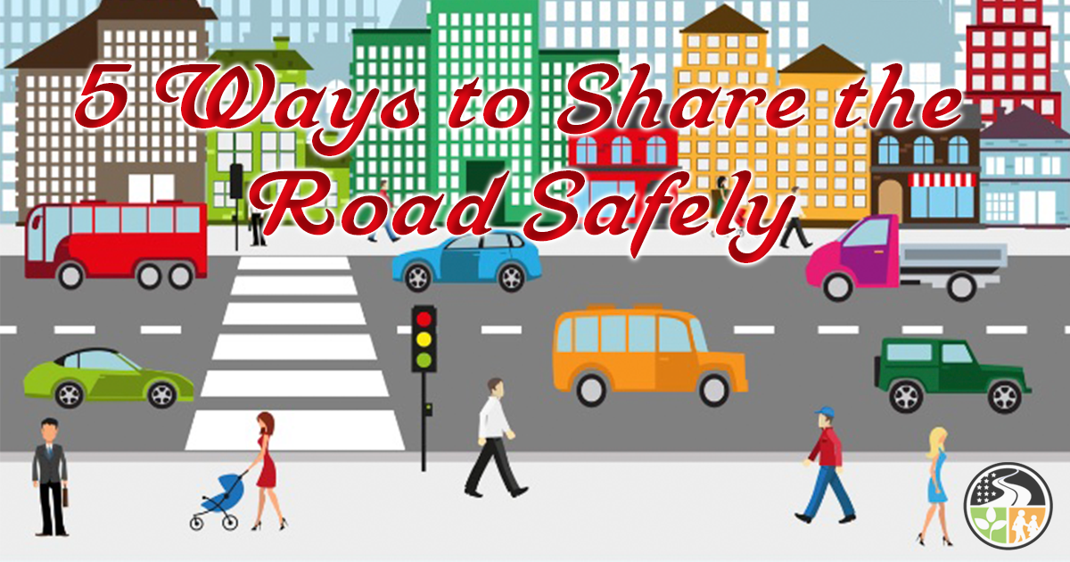 Drivers safely sharing the road with other drivers and pedestrians